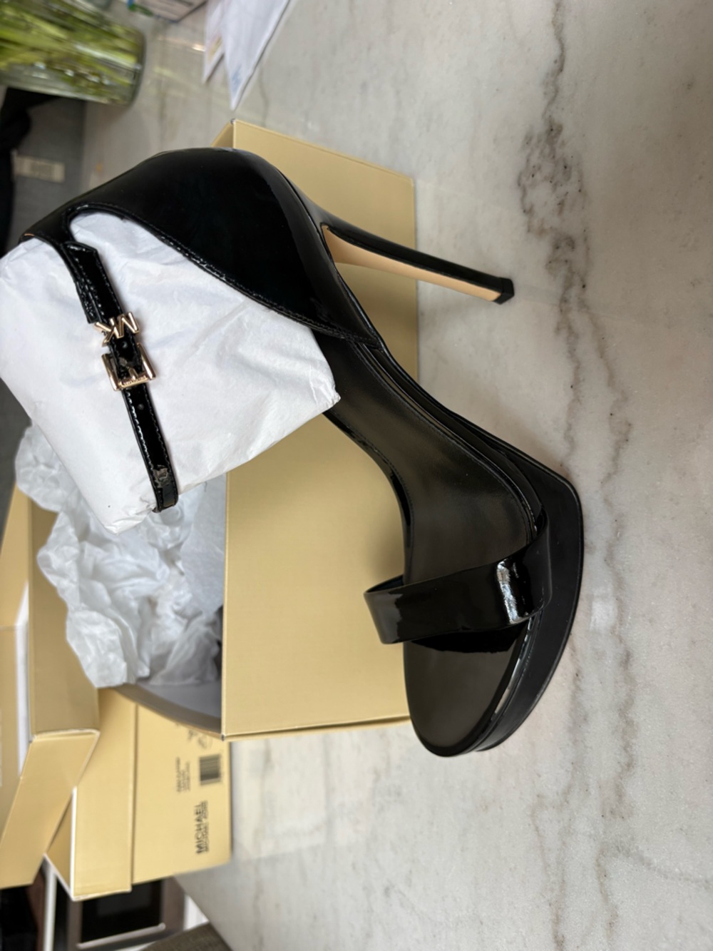 Michael Kors Black Patent Leather Stiletto Sandals with Gold Buckle